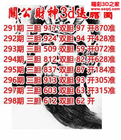 3d2022298期关公财神双胆三胆 7连中
