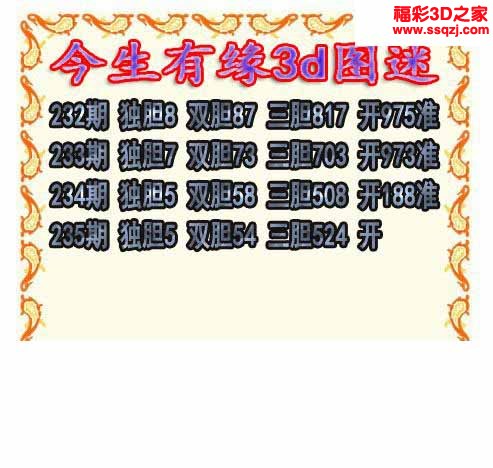 3d2022235期今生有缘三胆 3连中