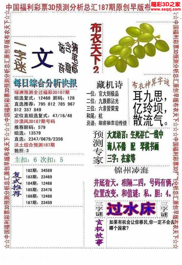 3d2022187期真精华早版布衣12