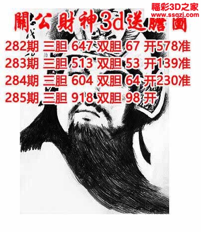 3d2022285期关公财神双胆三胆 3连中