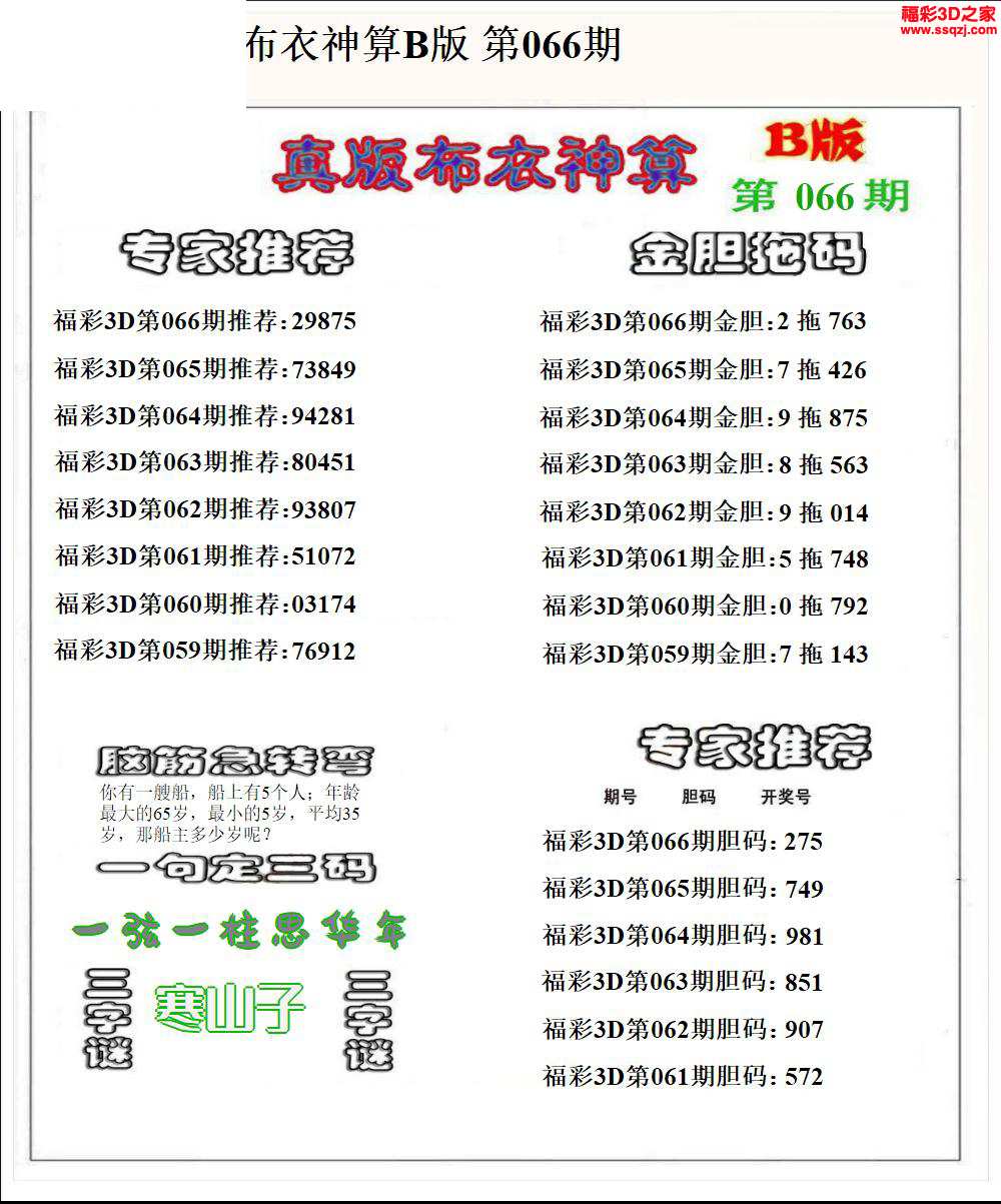 3d2024066期布衣神算AB版