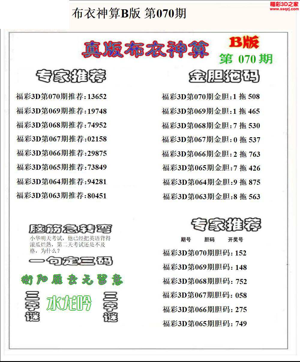 3d2024070期布衣神算AB版
