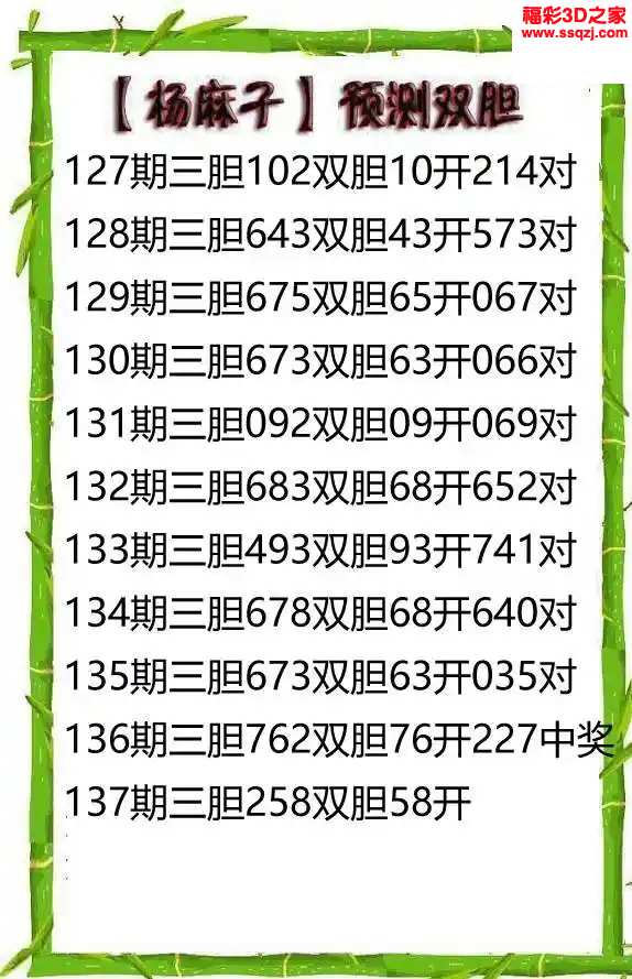 3d2024137期杨麻子双胆预测 中奖