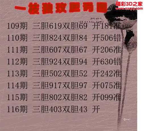 3d2024116期一枝独玫胆码图 3连中
