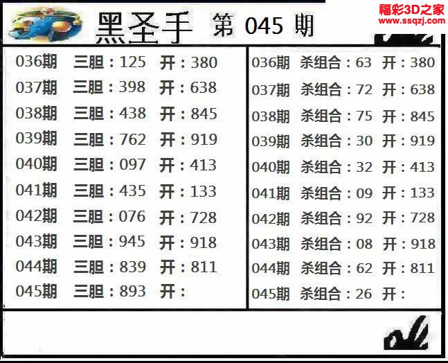 3d2023045期黑圣手独胆
