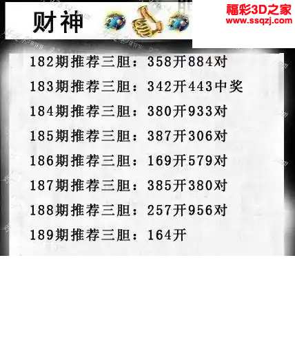 3d2024189期财神推荐胆码图 7连中