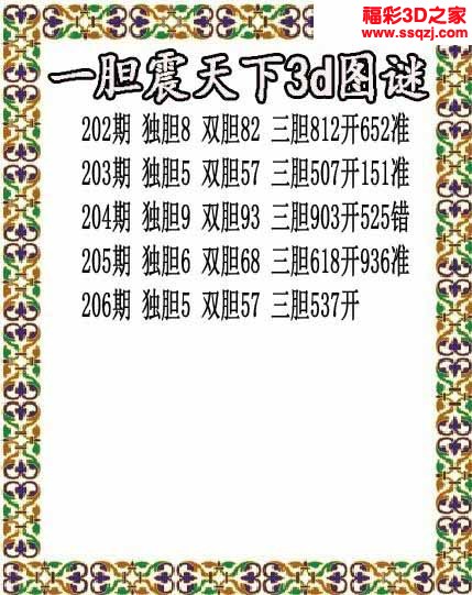 3d2022206期一胆震天下胆码图 中6