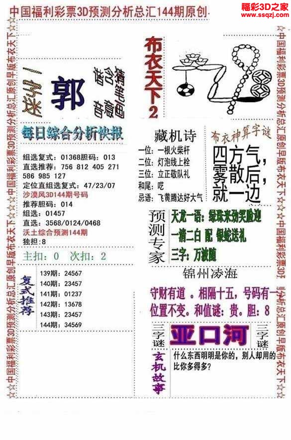 3d2022144期真精华早版布衣12