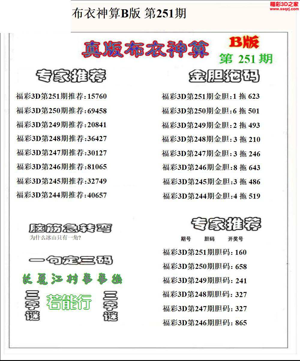 3d2024251期布衣神算AB版