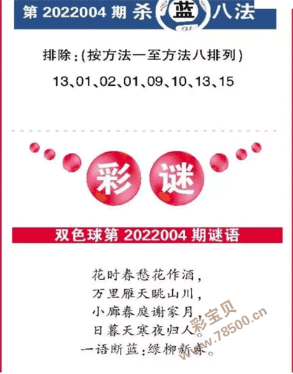 004期双色球全国联销图杀八蓝