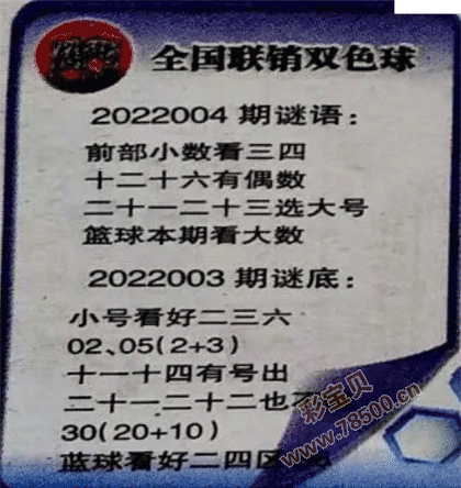 2022004期双色球全国联销图最新图谜字迷