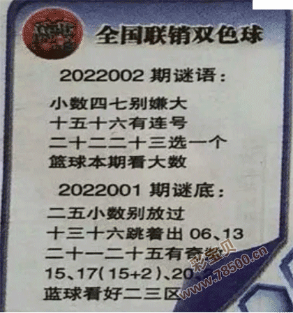 2022002期双色球全国联销图最新图谜字迷