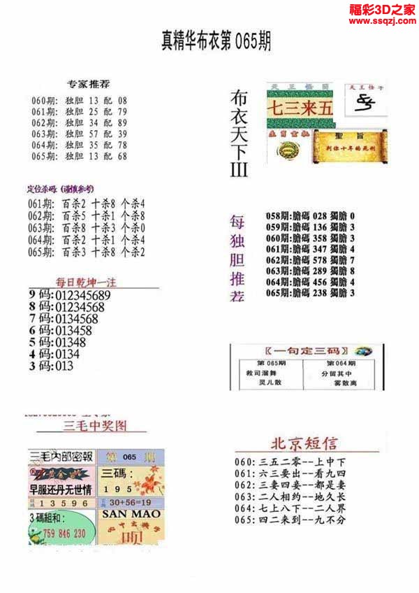 3d2022065期真精华布衣天下123456