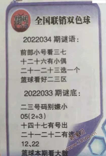 2022034期双色球全国联销图最新图谜字迷