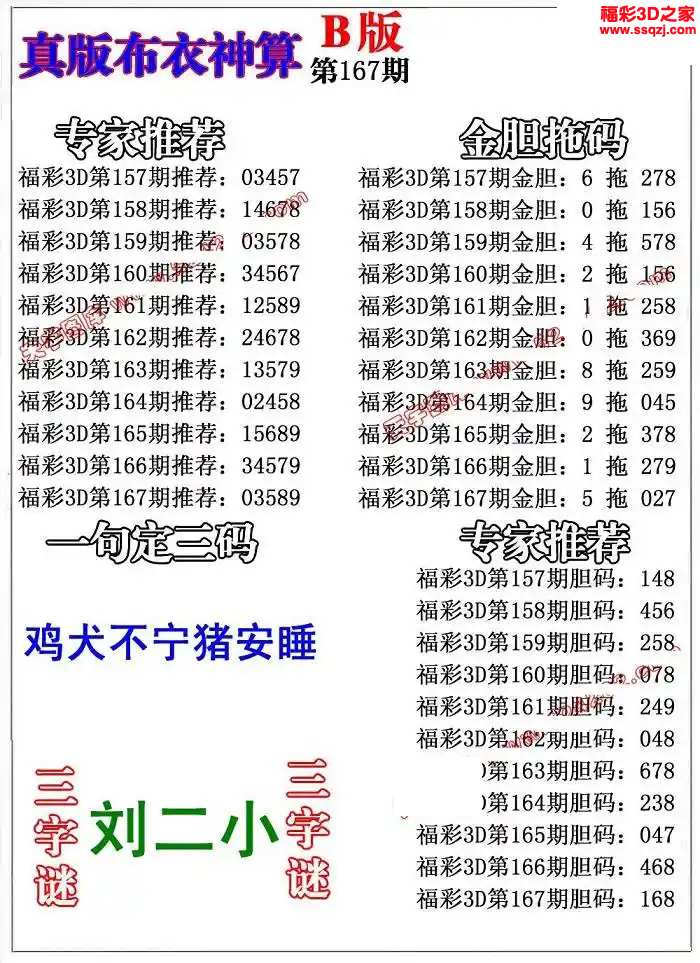 3d2024167期布衣神算AB版