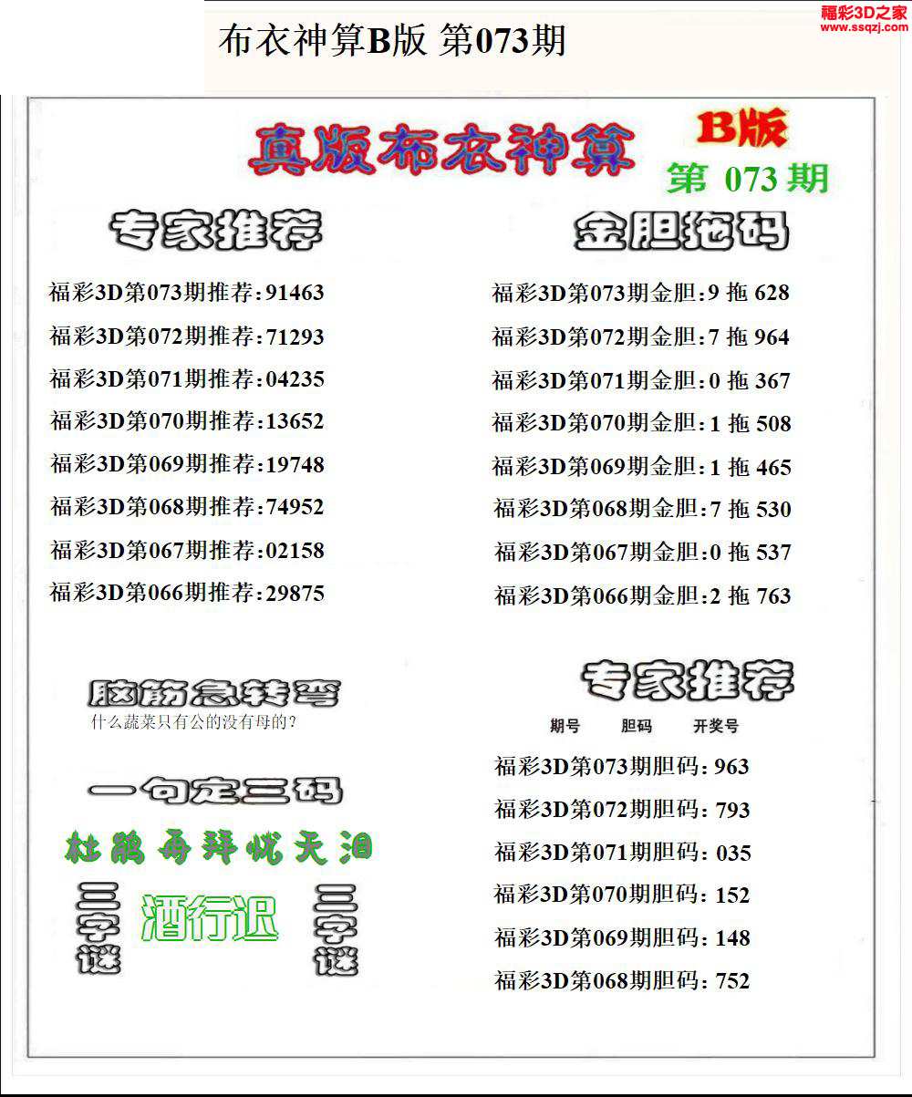 3d2024073期布衣神算AB版