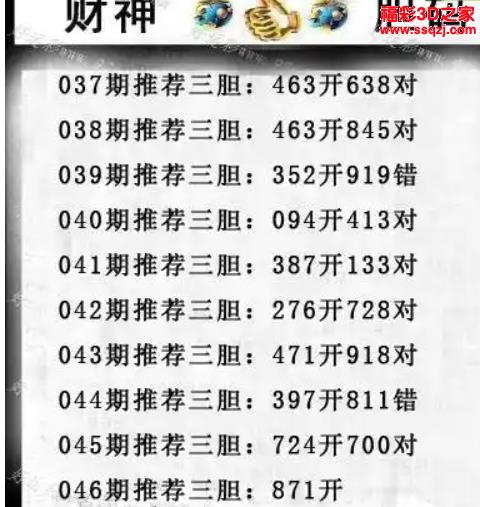 3d2023046期财神推荐胆码图 中7