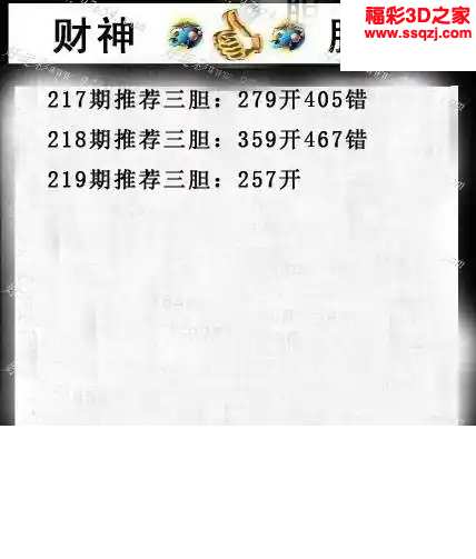 3d2024219期财神推荐胆码图