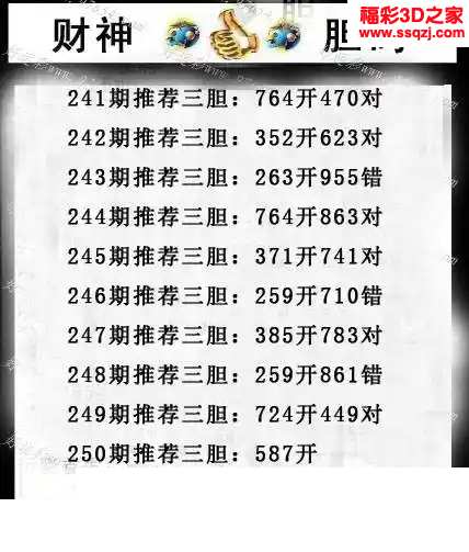 3d2024250期财神推荐胆码图 中4